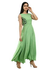 Green crepe solid sleeveless full length gown for women, round neck, solid pattern on display